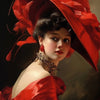 A portrait of a woman wearing a large red feathered hat and a red dress.