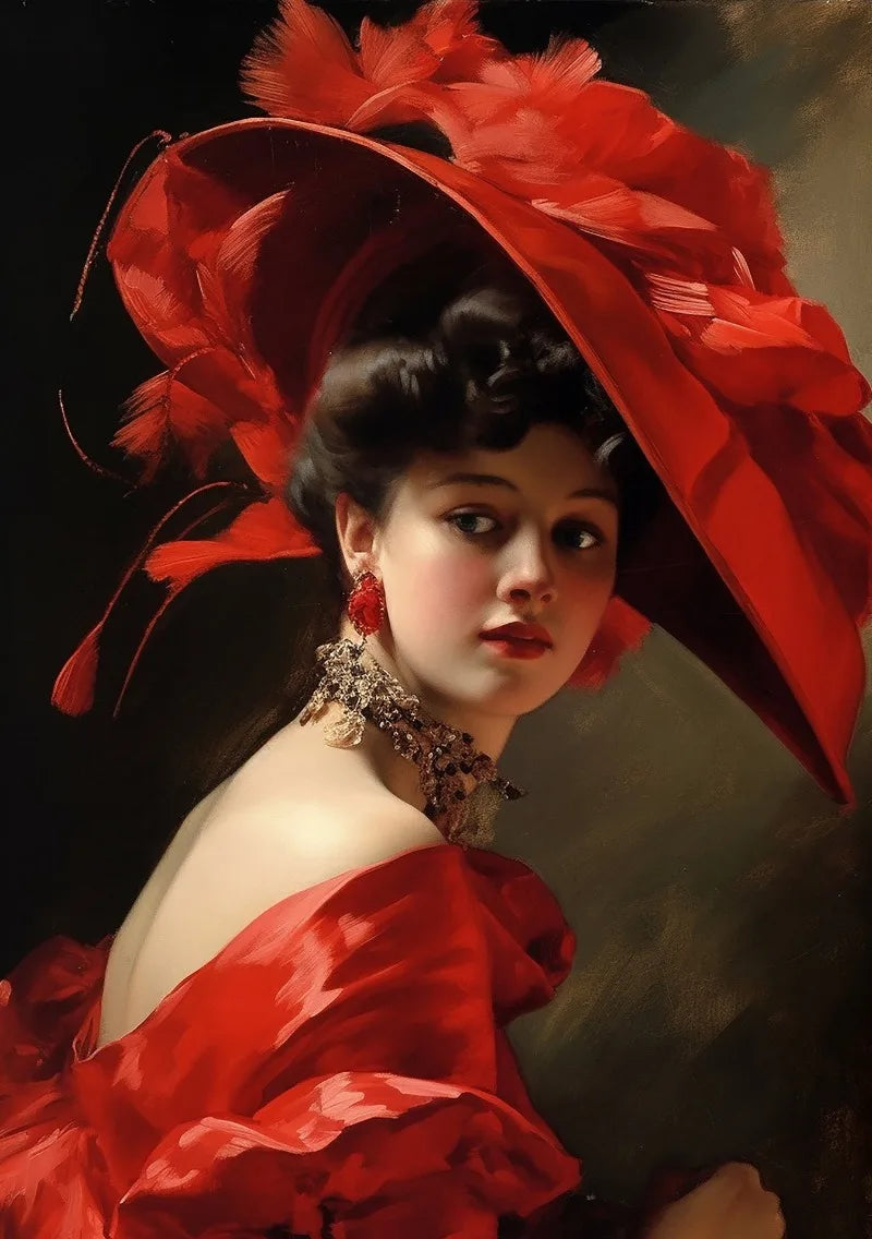 A portrait of a woman wearing a large red feathered hat and a red dress.