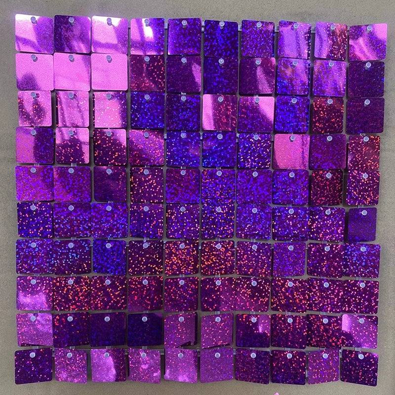 A grid of iridescent purple and blue sequin shimmer wall panels used as a sparkling backdrop.