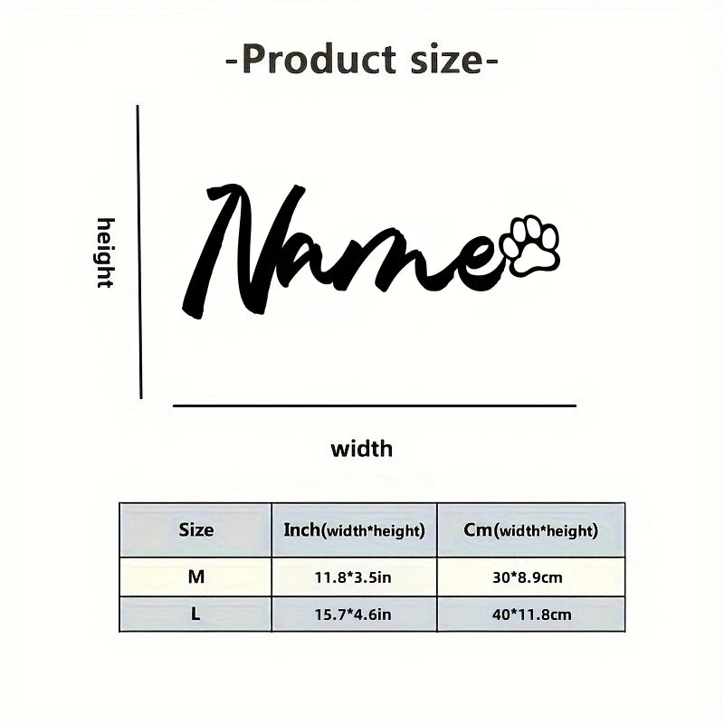 A diagram showing the dimensions for a personalized metal pet memorial sign, listing sizes M and L in inches and centimeters.