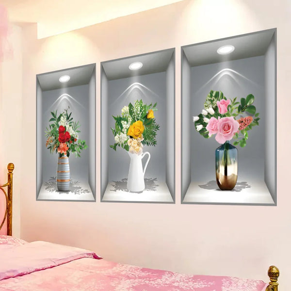 Three framed 3D floral wall decals featuring bouquets of pink and yellow flowers on a light gray background.