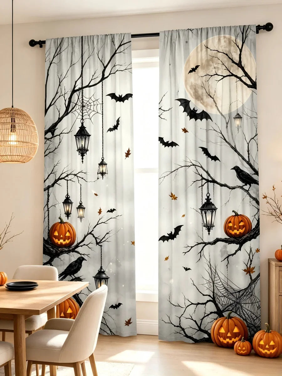 Gray curtains featuring black tree branches, bats, and pumpkins for a spooky Halloween theme