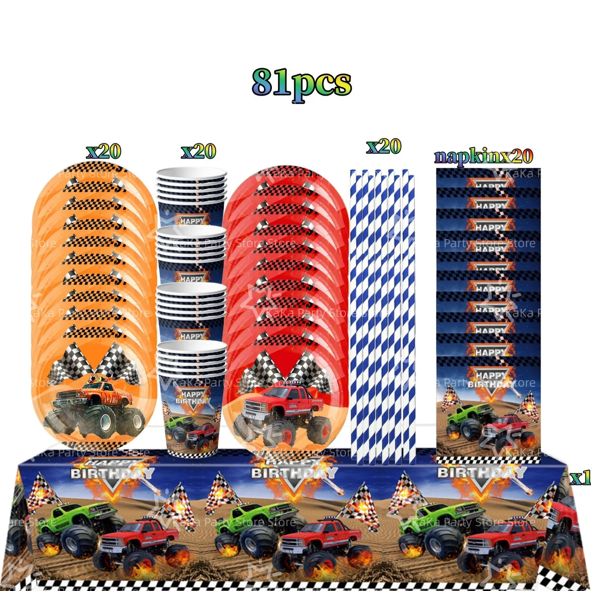 A kit for a monster truck birthday party decoration featuring a backdrop, tableware, and vehicle props.
