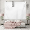 A white tapestry displayed on a wooden frame, showing various size options for a wall hanging.
