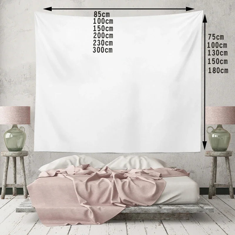 A white tapestry displayed on a wooden frame, showing various size options for a wall hanging.