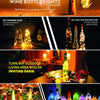 A set of ten LED wine bottle cork lights illuminating various glass bottles for decoration.