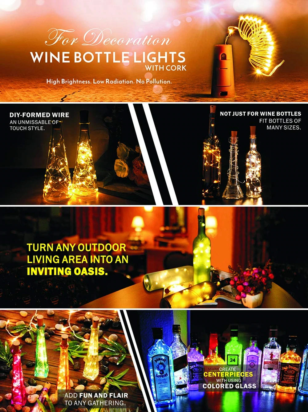 A set of ten LED wine bottle cork lights illuminating various glass bottles for decoration.