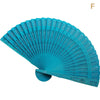 A bright turquoise hand carved bamboo folding fan shown open and angled.