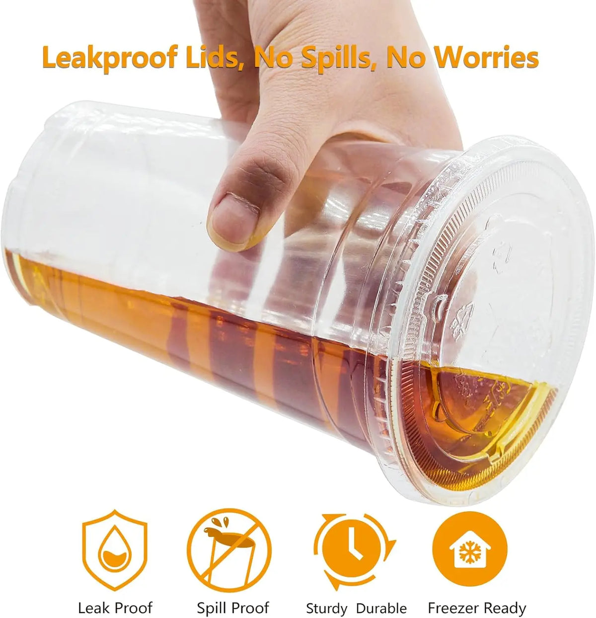 Hand holding a clear plastic drinking cup with a flat lid, demonstrating leakproof features.