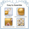 Instructions for assembling a white and gold balloon garland kit, showing steps like blowing up balloons and hanging the arch