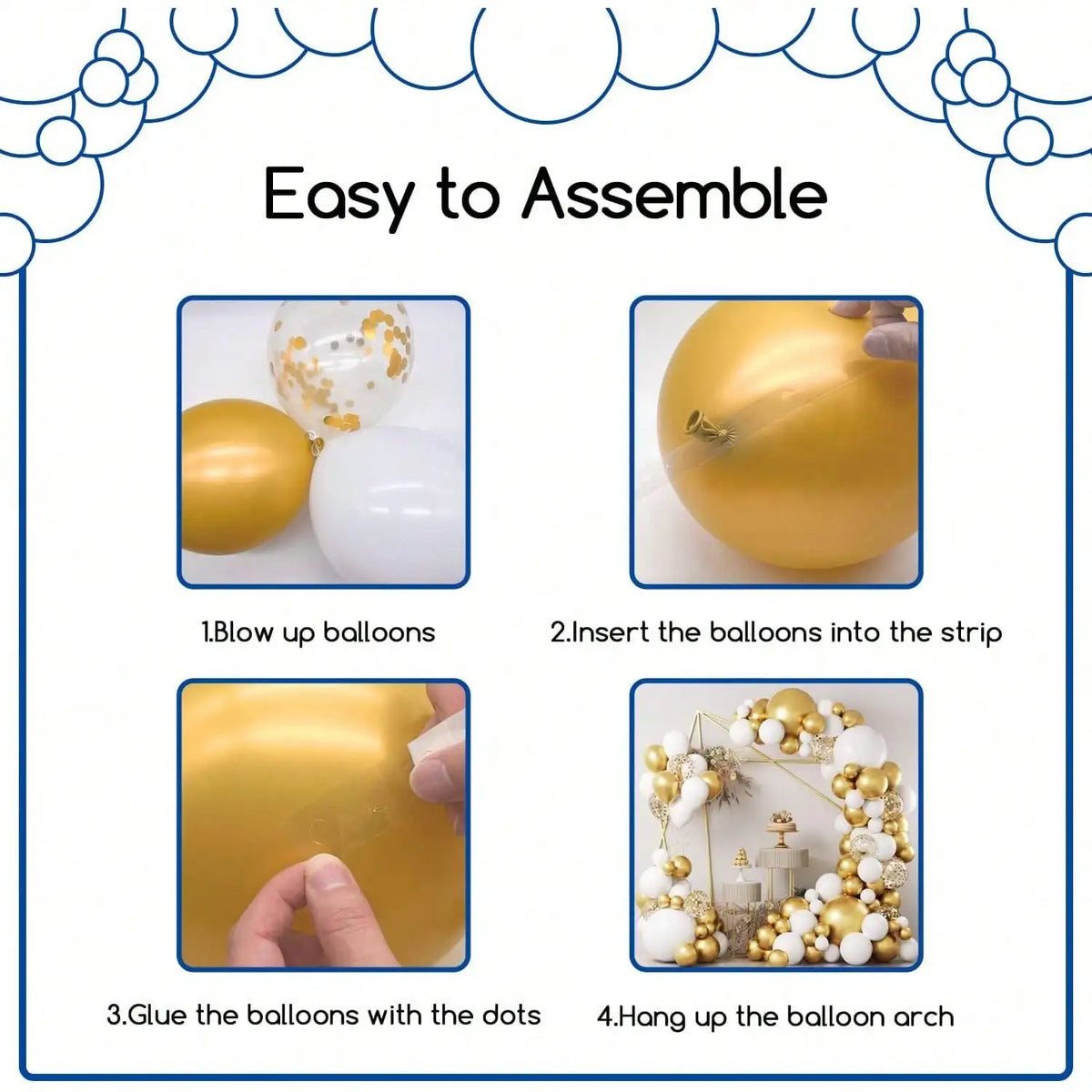 Instructions for assembling a white and gold balloon garland kit, showing steps like blowing up balloons and hanging the arch