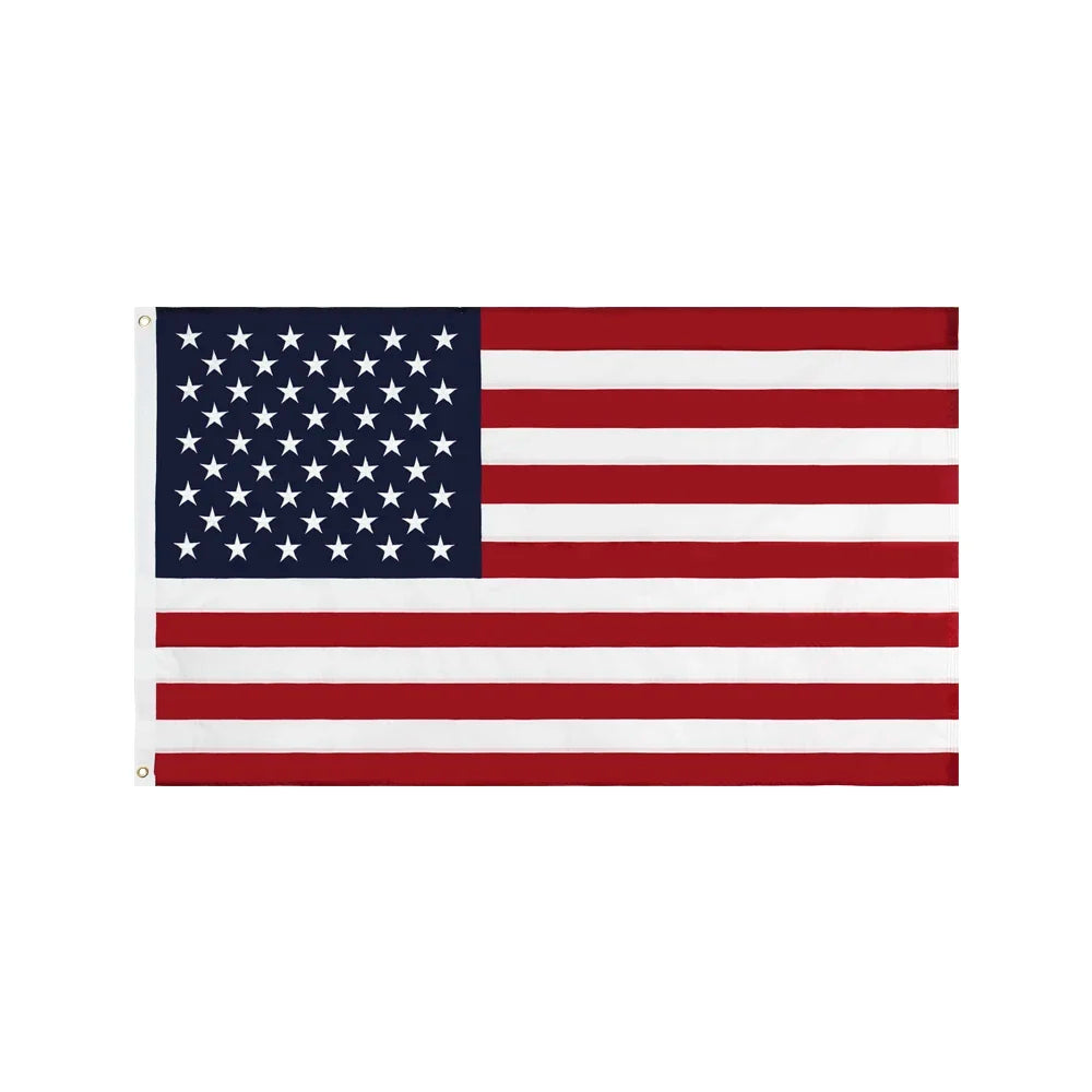 A rectangular banner displaying the design of the United States flag with red and white stripes and blue stars.