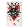 A graphic design featuring a skull and samurai weapons in black and red tones with Japanese characters below.