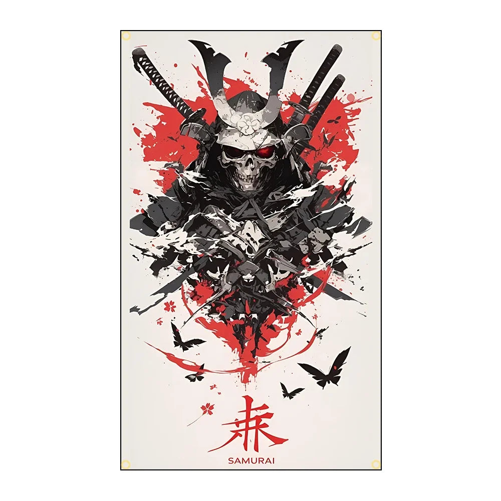 A graphic design featuring a skull and samurai weapons in black and red tones with Japanese characters below.