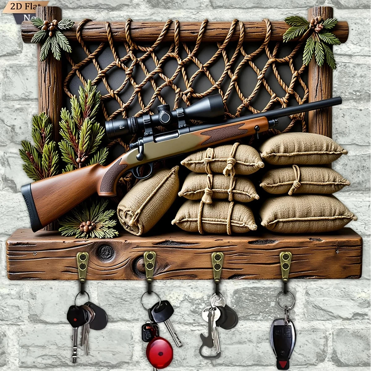 A vintage wooden key hook set featuring a rifle, pine branches, and various keys displayed on a rustic wooden plank.