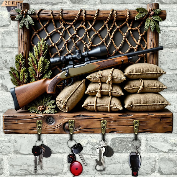 A vintage wooden key hook set featuring a rifle, pine branches, and various keys displayed on a rustic wooden plank.