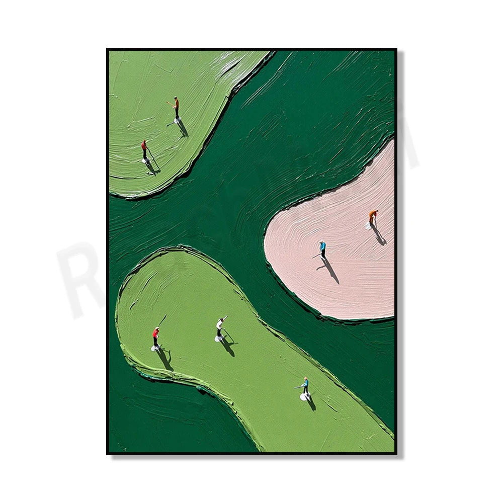 Abstract canvas art depicting a green golf course landscape with several figures playing golf against a dark background.