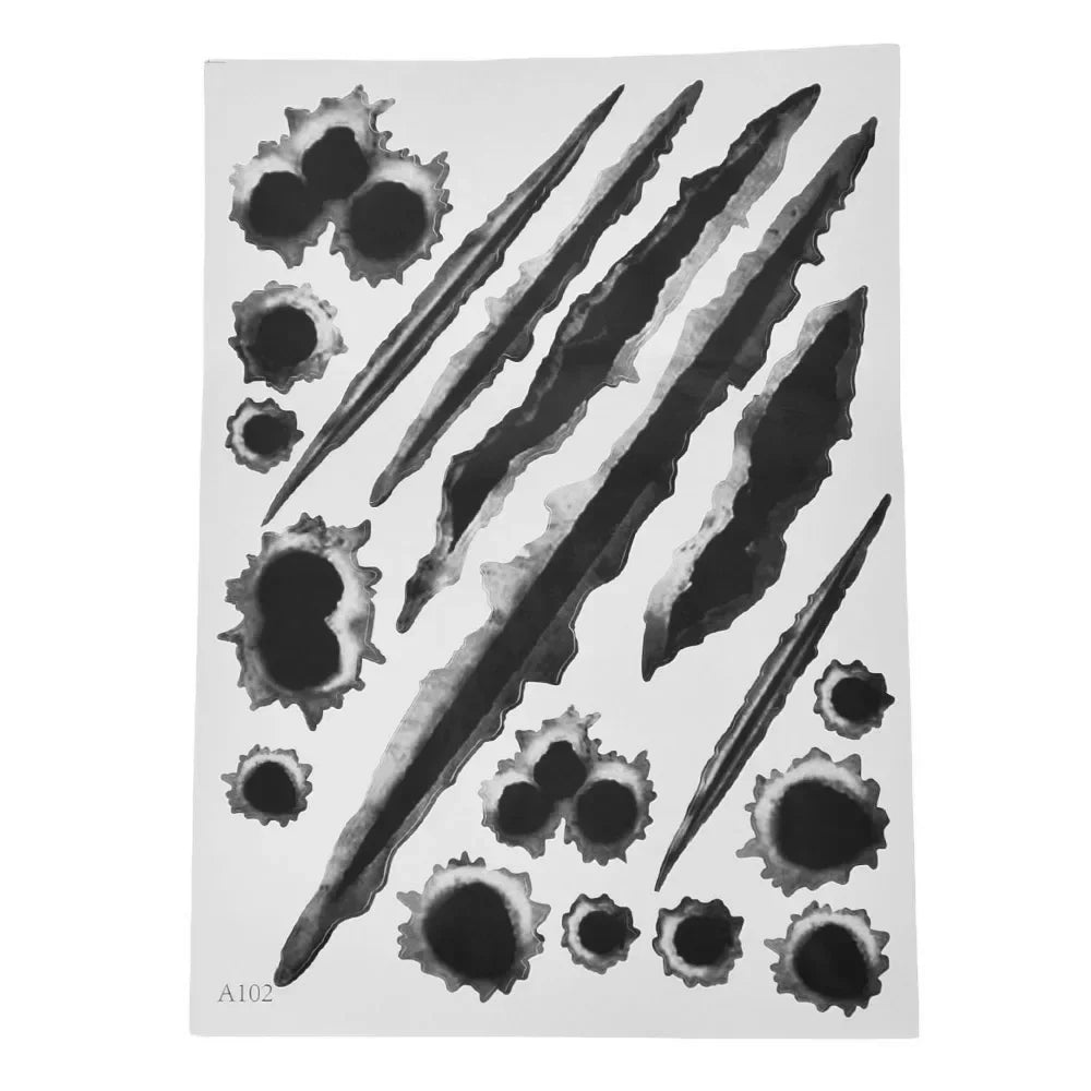 A black and white illustration of a bullet hole design with various shapes and textures.