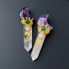 A natural crystal moon and star scepter wand featuring purple amethyst, green stones, and clear quartz crystals set in gold-t