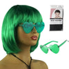 A woman models a bright green bob wig and pair of translucent green heart-shaped sunglasses.