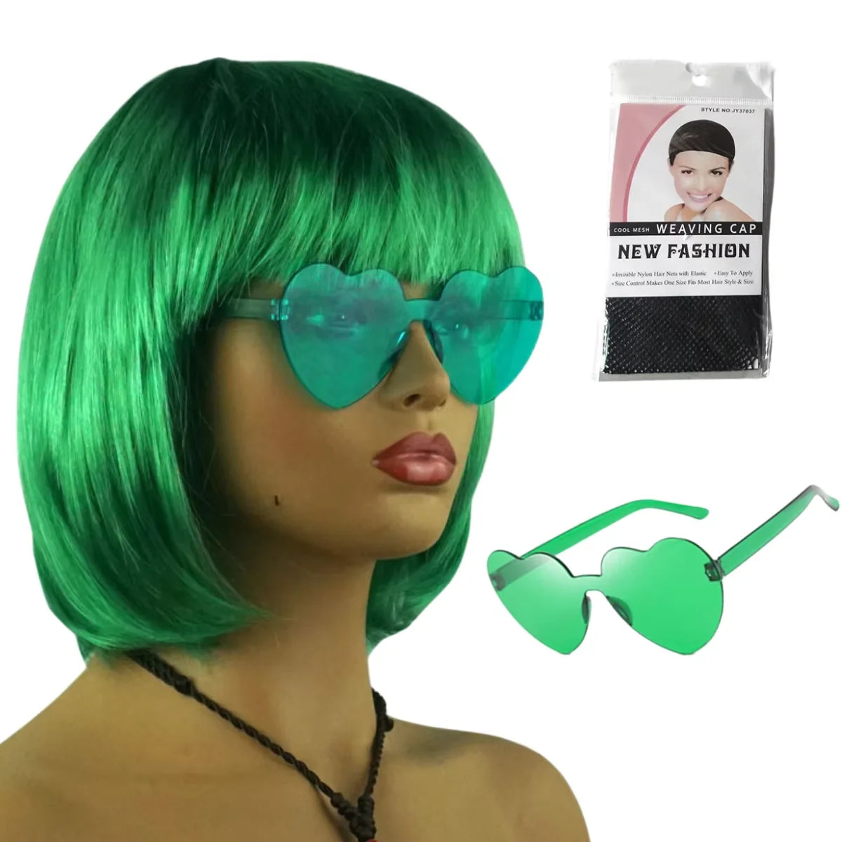 A woman models a bright green bob wig and pair of translucent green heart-shaped sunglasses.