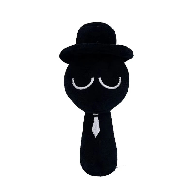 A black plush toy set resembling a man with closed eyes and a tie.