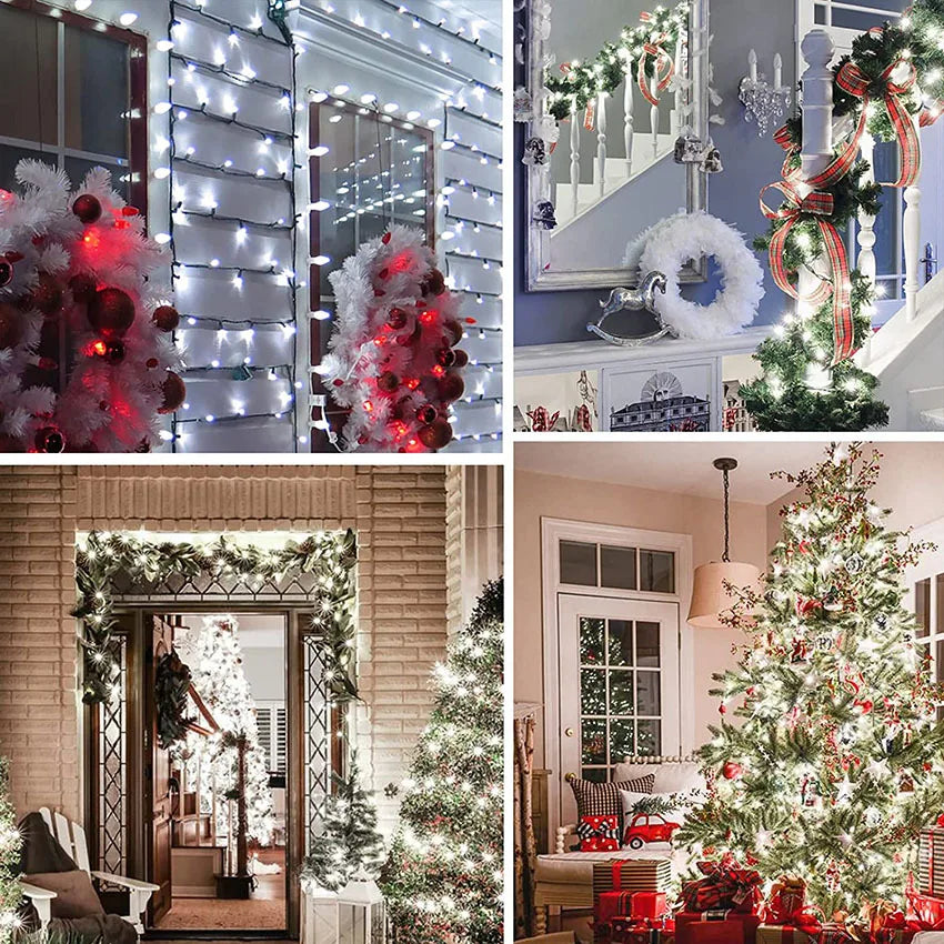 Outdoor fairy string lights illuminating a house facade and decorated Christmas trees.