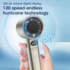 A hand holds a silver LED air volume digital display fan with the number 120 visible on the screen.