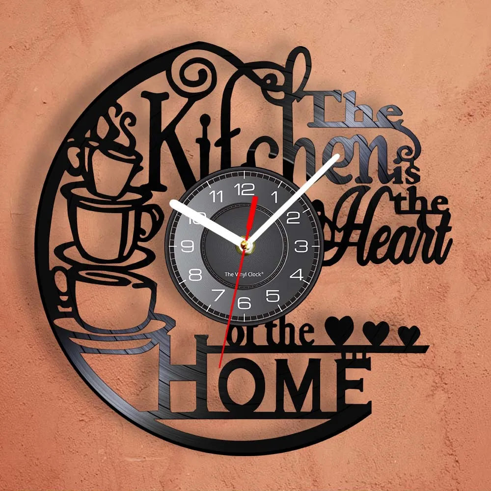 A black wall clock design featuring a vintage vinyl record theme with decorative script and a clock face.