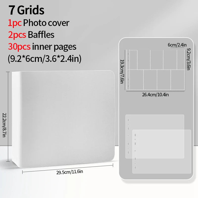 A white photo card binder with 7 grids, including a photo cover, baffles, and inner pages.
