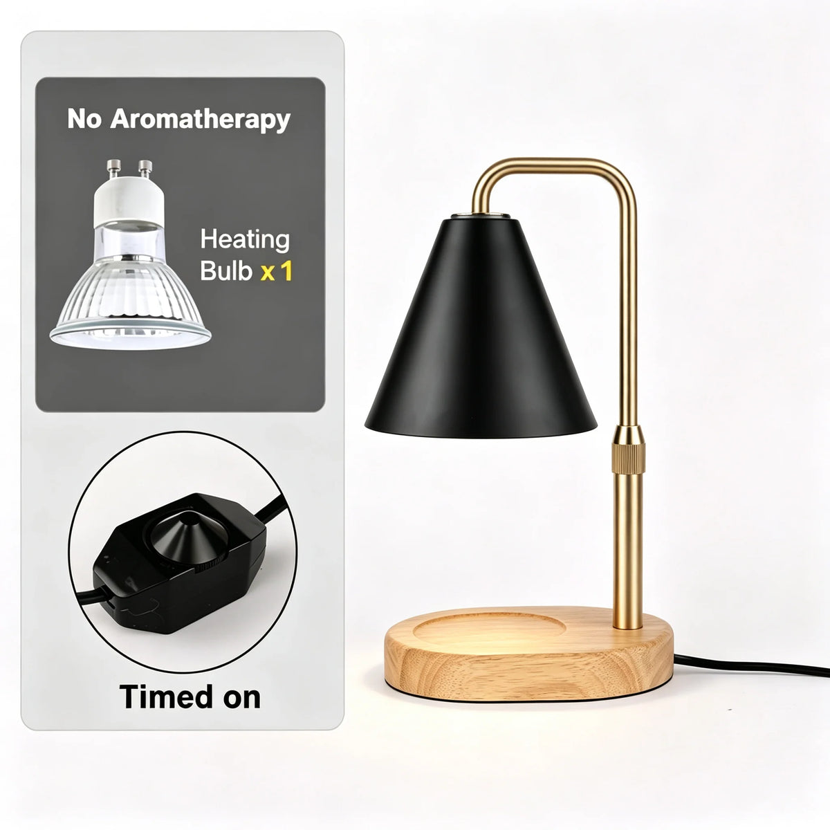 A black adjustable flameless candle warmer lamp with a brass finish and wooden base, shown next to its heating bulb.