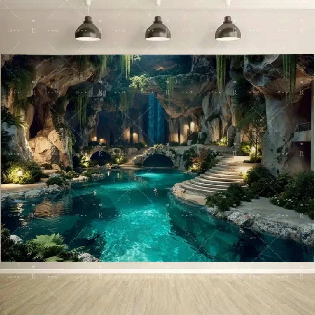 A lush, tropical cave scene with a turquoise pool and waterfall used as a backdrop for photography.