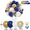 A balloon party decor kit showing various gold and blue balloons, including latex balloons and confetti accents.