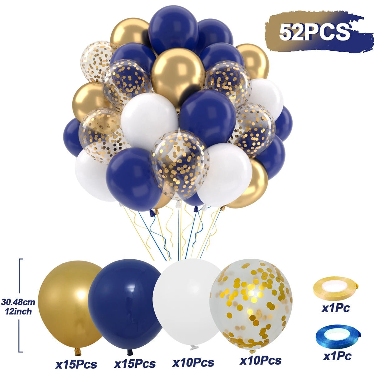 A balloon party decor kit showing various gold and blue balloons, including latex balloons and confetti accents.