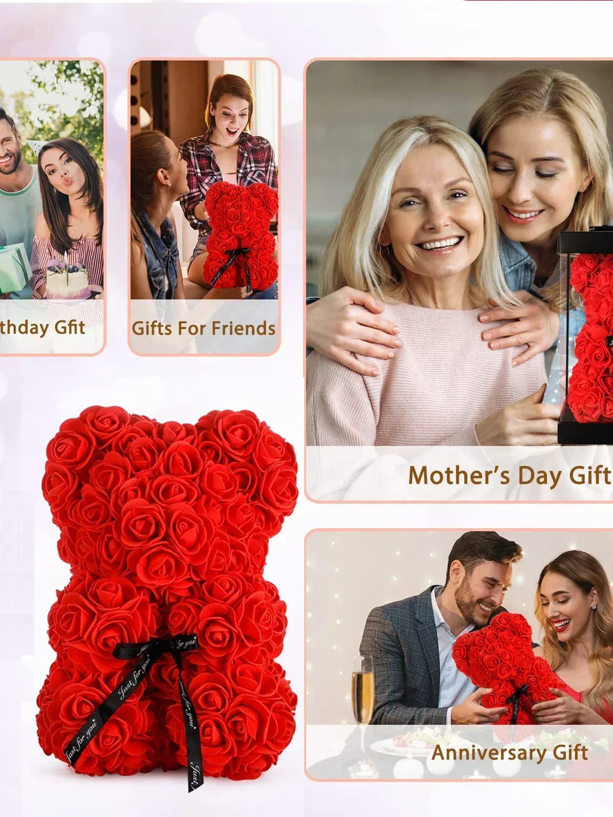 Leuchtend rote künstliche Rosen Teddybär als Geschenk für Muttertag oder Jahrestag