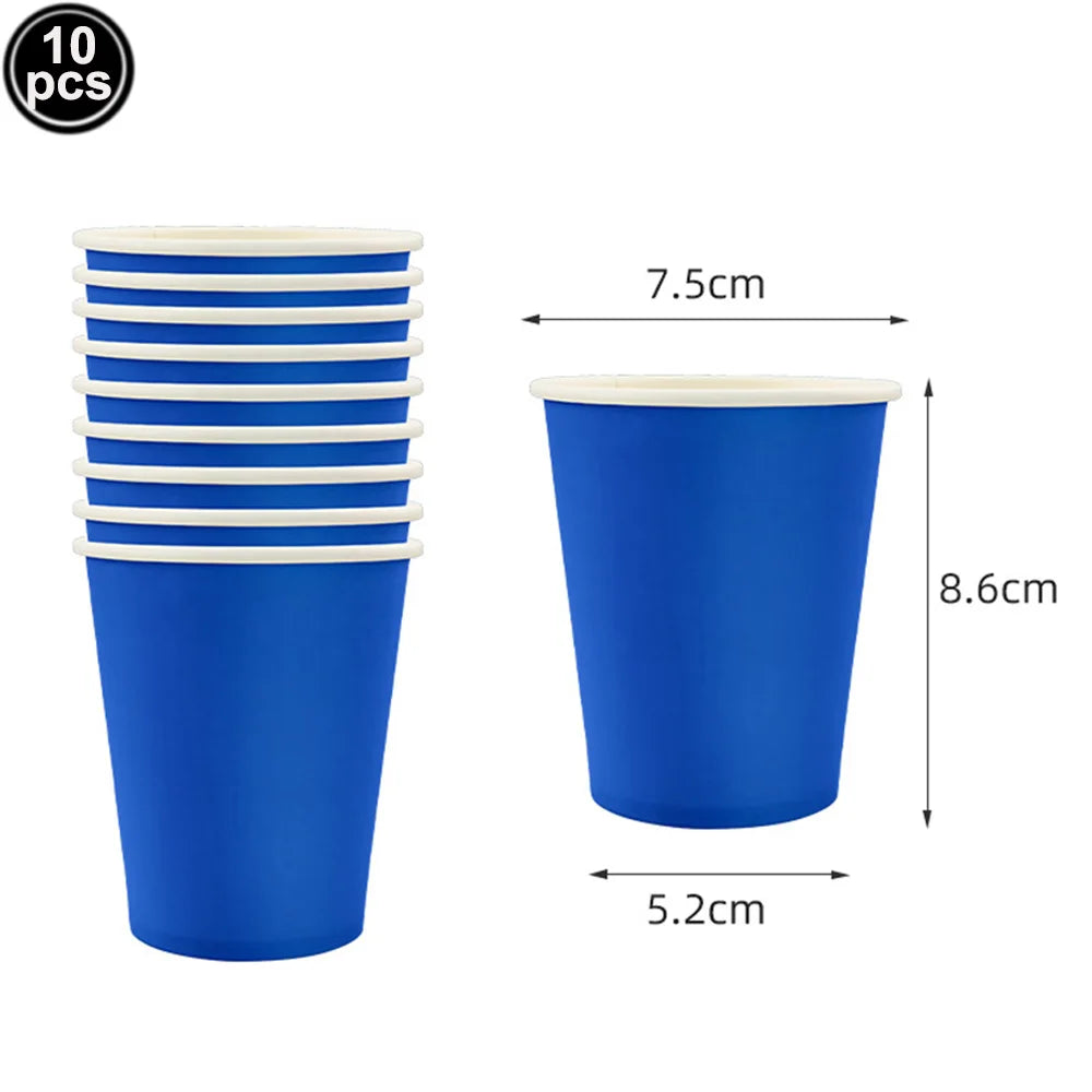 A set of ten vibrant blue disposable paper cups shown next to a single cup with dimensions provided.