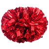 A vibrant red pom pom made of shiny, crinkled material with a comfortable handle.