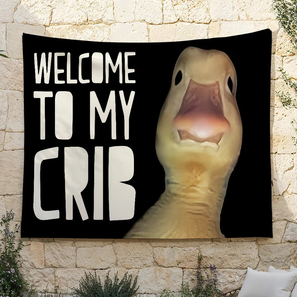 A black banner featuring a humorous illustration of a duck's head with its mouth wide open, with the text Welcome to My Crib.