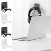Black adhesive headphone stand mounted on a wall, shown with various angles and a laptop.