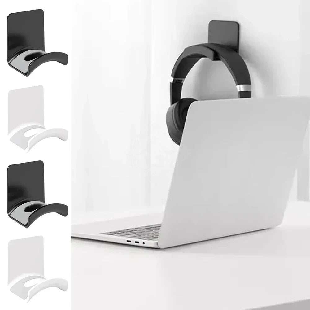Black adhesive headphone stand mounted on a wall, shown with various angles and a laptop.