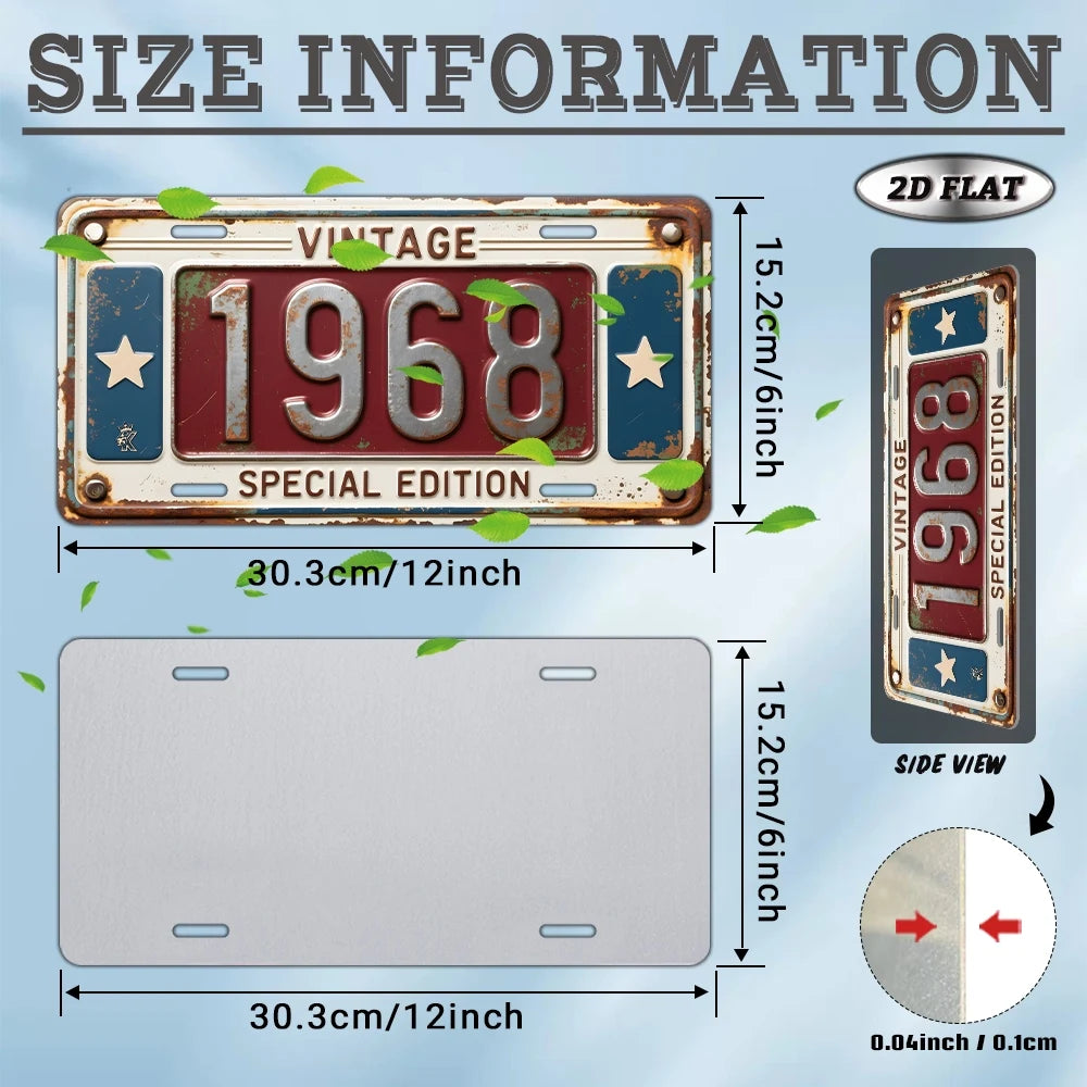 A vintage metal year plaque for 1968, shown in 2D flat and side view.