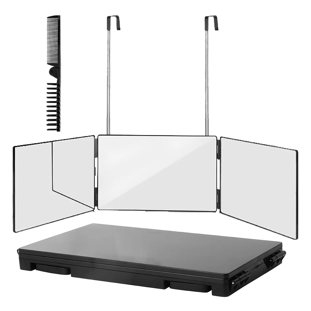 Portable trifold vanity mirror with adjustable hooks and a black base.