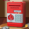 A red password saving piggy bank with a keypad and slot for coins, sitting on a wooden surface.