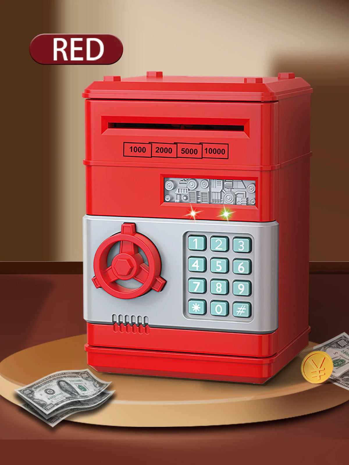 A red password saving piggy bank with a keypad and slot for coins, sitting on a wooden surface.