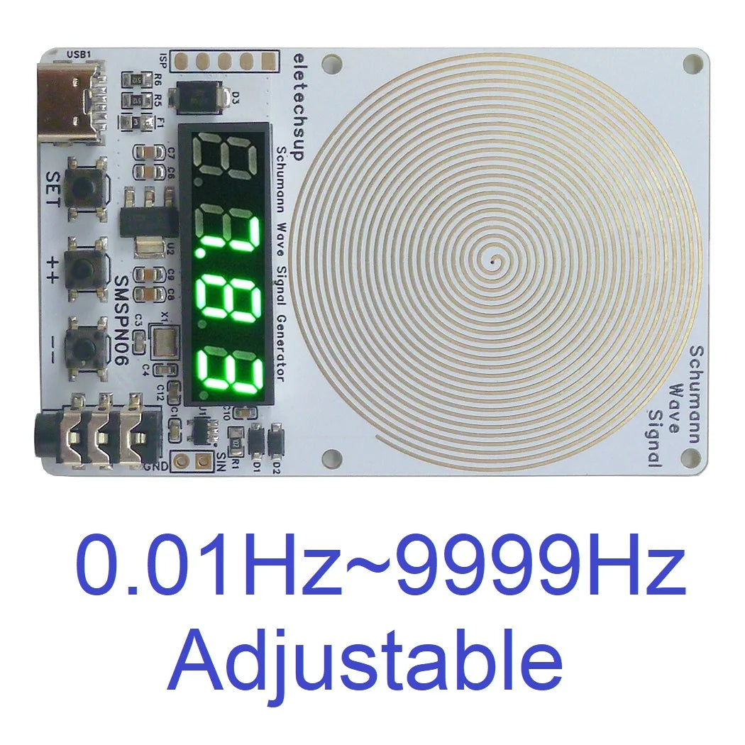 A small electronic device labeled as an Adjustable Schumann Wave Signal Generator with a digital display showing 8.88888888 a