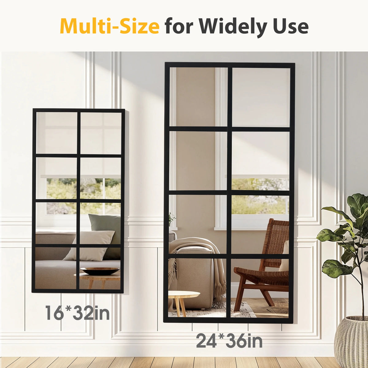 Modern Window Pane Wall Mirror with Metal Frame