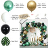 A kit for creating an elegant black and gold balloon garland arch featuring various sized balloons and greenery.
