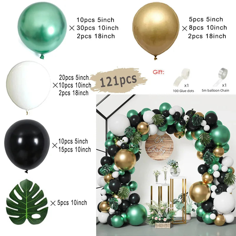 A kit for creating an elegant black and gold balloon garland arch featuring various sized balloons and greenery.