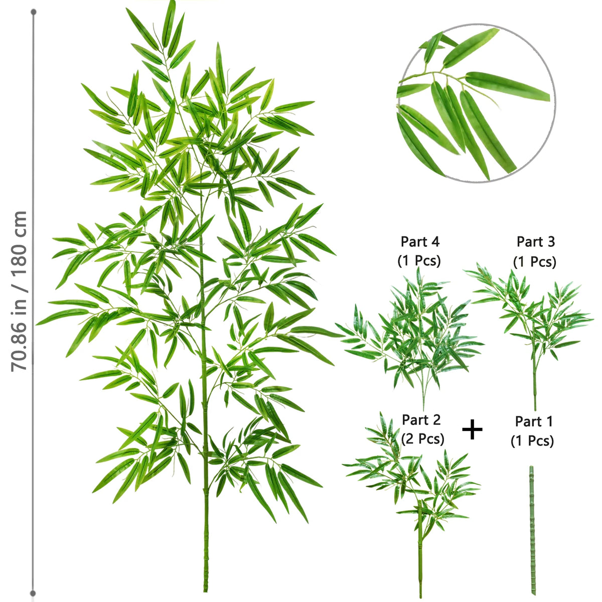 Illustration showing various parts of an artificial bamboo branch with green leaves, including individual pieces and a full p