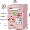 A pink combination lock piggy bank with coin and cash entrances, an indicator light, and a keypad.